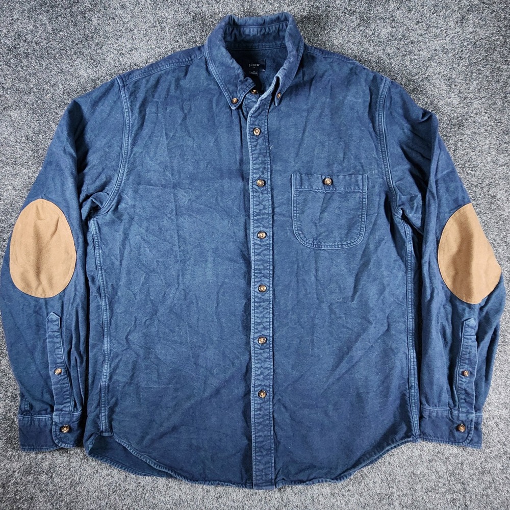 J.Crew Flannel Shirt Mens Medium Navy Blue Elbow Patches B3061